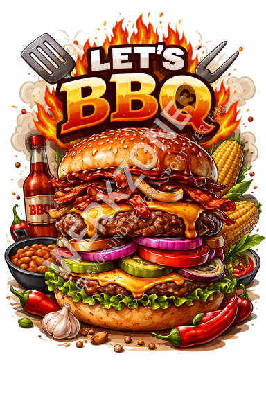 Großer Burger mit Bacon, Gemüse, BBQ-Sauce und Beilagen, umgeben von Flammen.