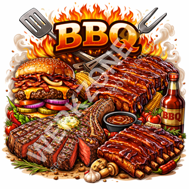 Vielfältige BBQ-Gerichte mit Burger, Rippchen, Saucen und Grillutensilien.