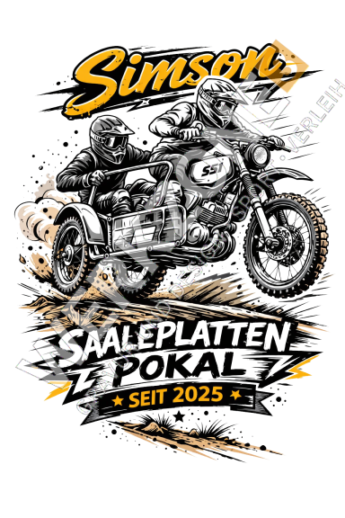 Motorrad mit Beiwagen, Grafiken und Text "Simson Saaleplatten Pokal seit 2025".