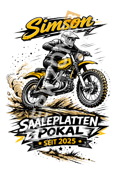 Motorradfahrer auf einem Simson-Bike, umgeben von dynamischen Grafikelementen.